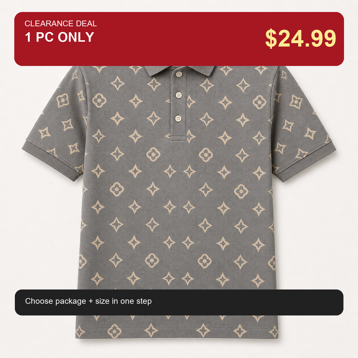 🔥CLEARANCE SALE🔥 Geometric Monogram Print Polo Shirt - Taupe Gray / 1 PC ONLY $24.99