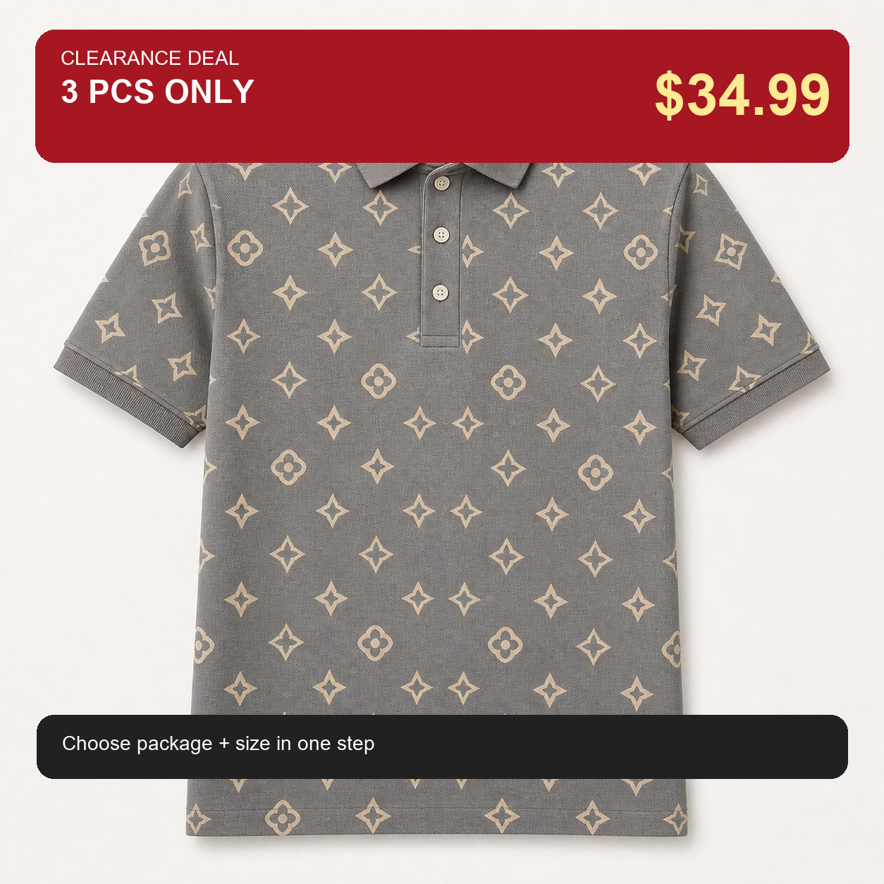 🔥CLEARANCE SALE🔥 Geometric Monogram Print Polo Shirt - Taupe Gray / 3 PCS ONLY $34.99