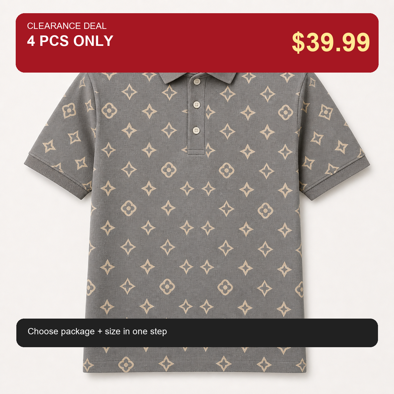 🔥CLEARANCE SALE🔥 Geometric Monogram Print Polo Shirt - Taupe Gray / 4 PCS ONLY $39.99