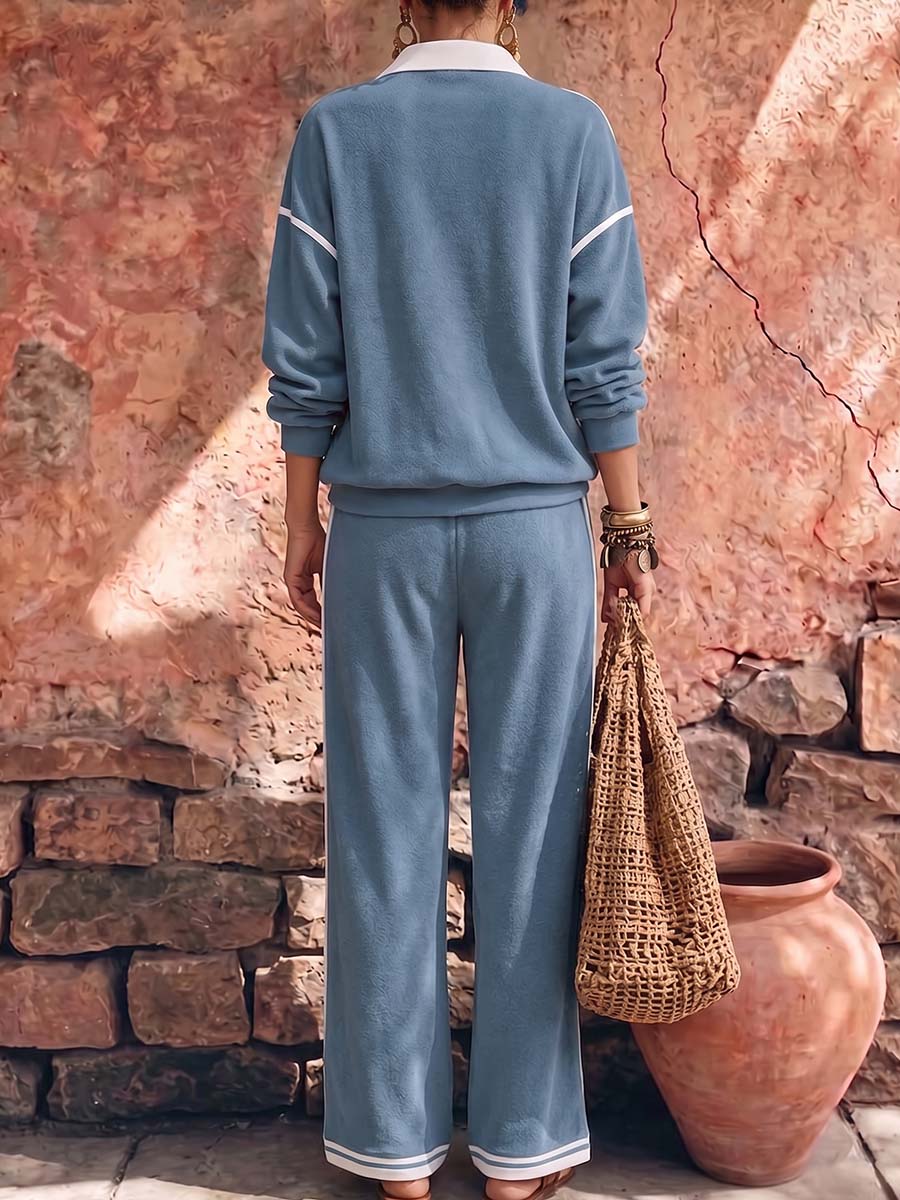 New Arrivals🔥Women's Collared Long-sleeved Casual Loose Pullover Top And High-waisted Wide-leg Pants Suit