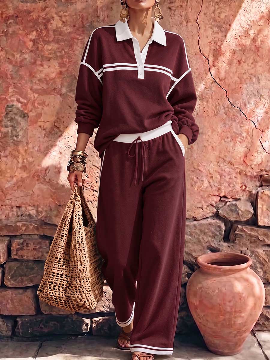 New Arrivals🔥Women's Collared Long-sleeved Casual Loose Pullover Top And High-waisted Wide-leg Pants Suit
