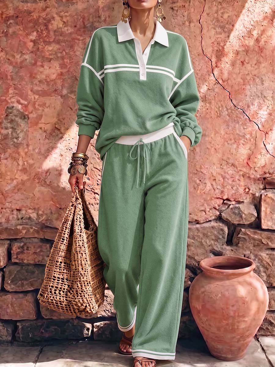 New Arrivals🔥Women's Collared Long-sleeved Casual Loose Pullover Top And High-waisted Wide-leg Pants Suit