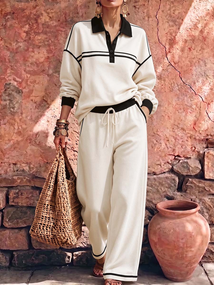 New Arrivals🔥Women's Collared Long-sleeved Casual Loose Pullover Top And High-waisted Wide-leg Pants Suit