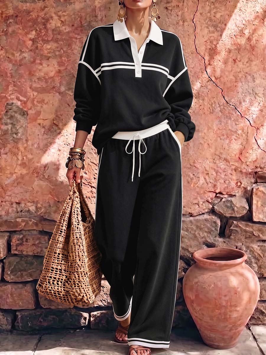 New Arrivals🔥Women's Collared Long-sleeved Casual Loose Pullover Top And High-waisted Wide-leg Pants Suit