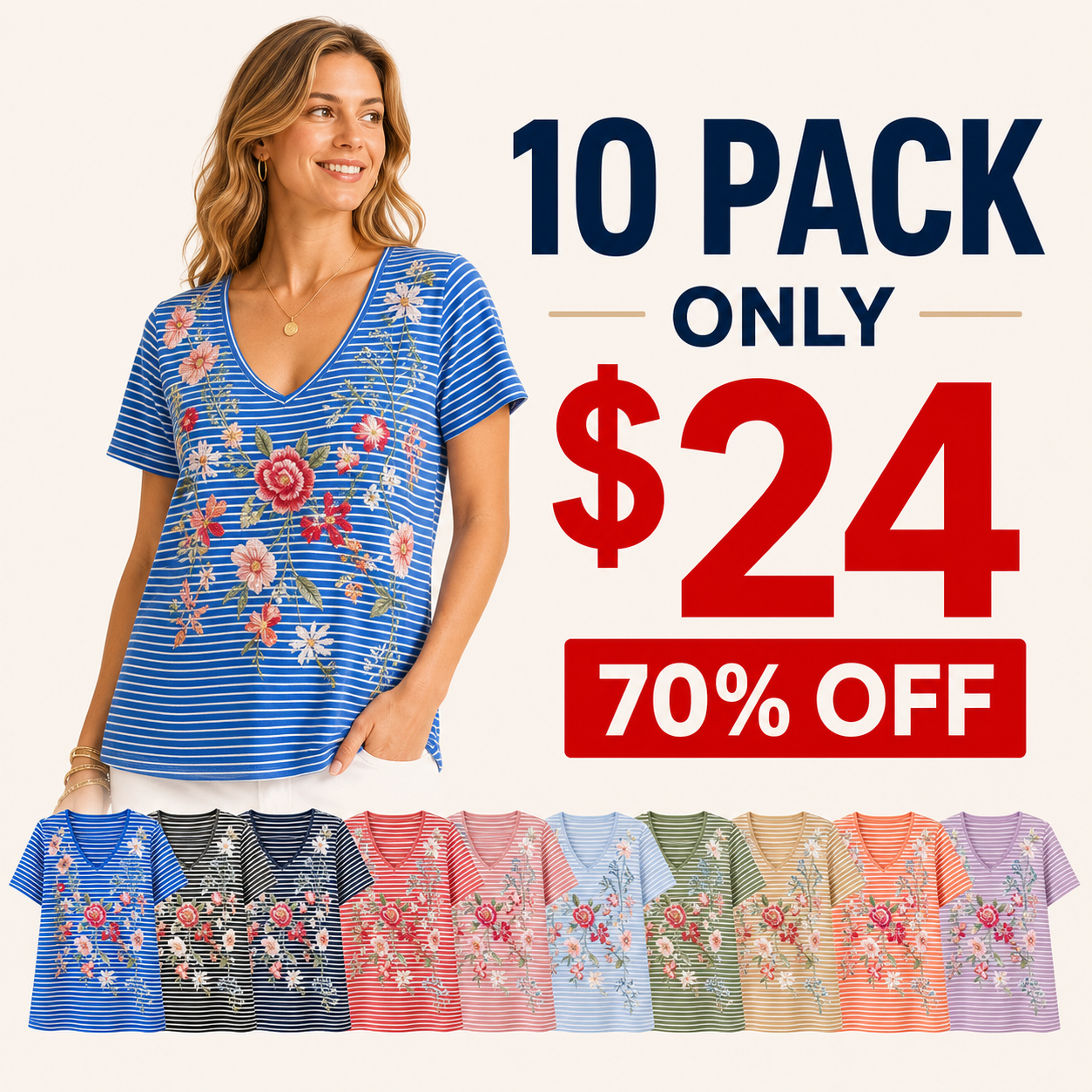 10 pack only 24 dollars women's striped floral V-neck top