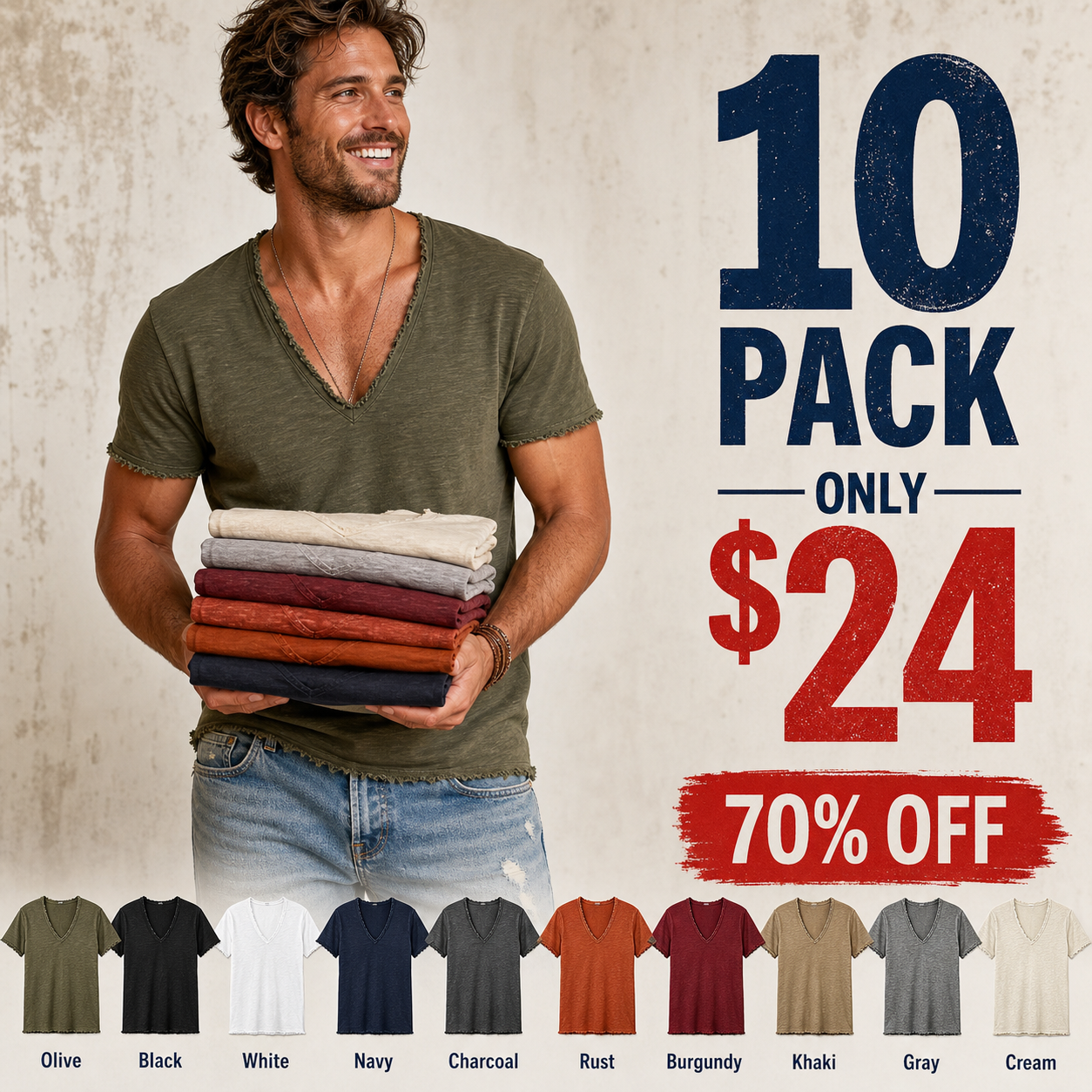10 pack only 24 dollars men's distressed raw-edge V-neck tee