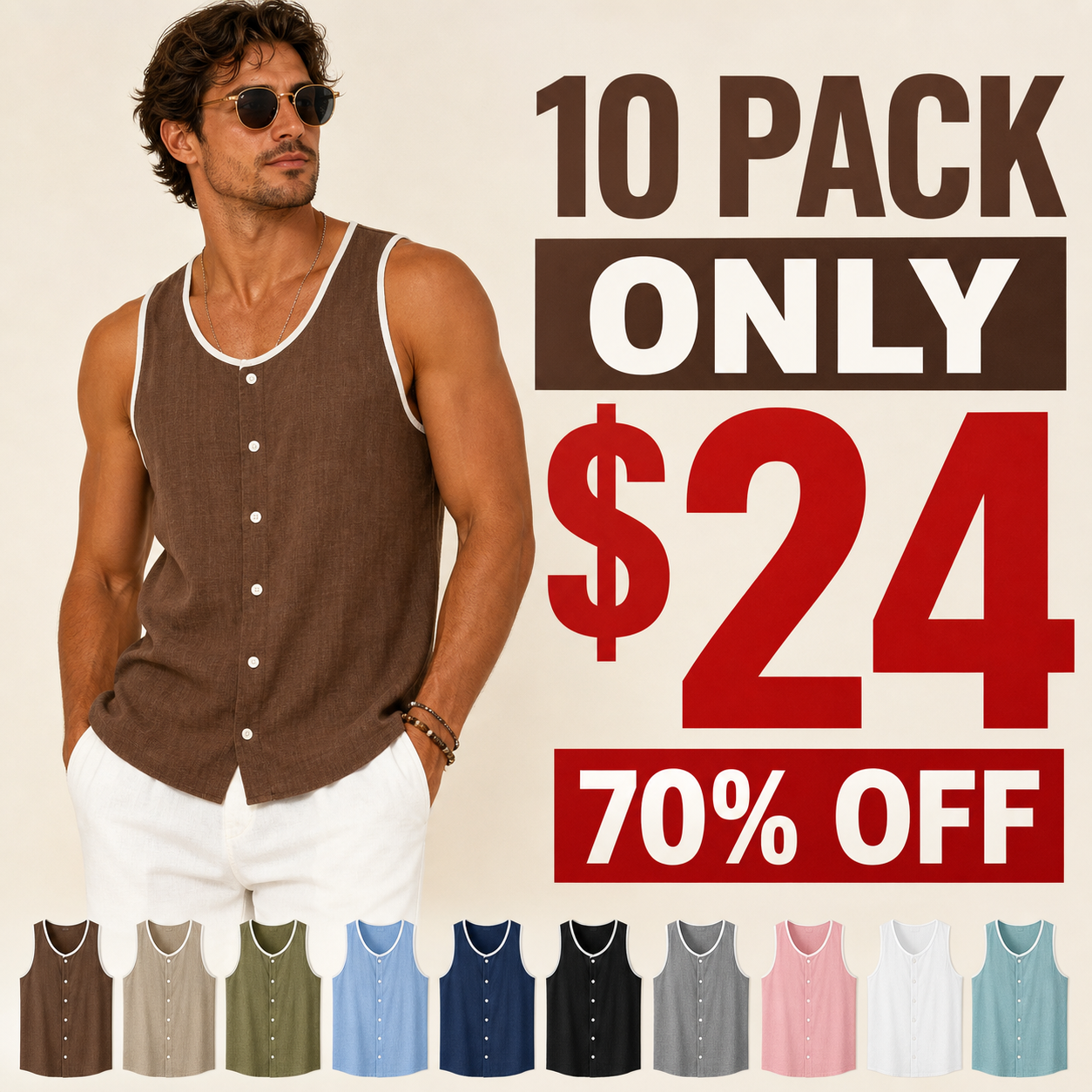 10 pack only 24 dollars men's sleeveless button tank top