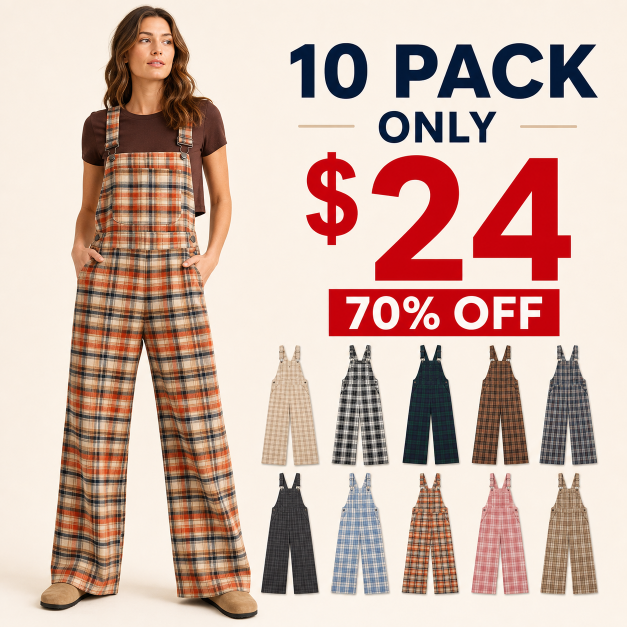 10 pack only 24 dollars women's plaid wide-leg overall jumpsuit
