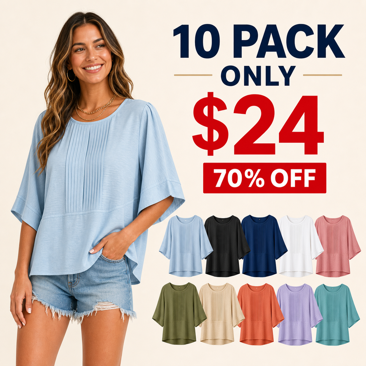 10 pack only 24 dollars women's pleated bell sleeve beach top