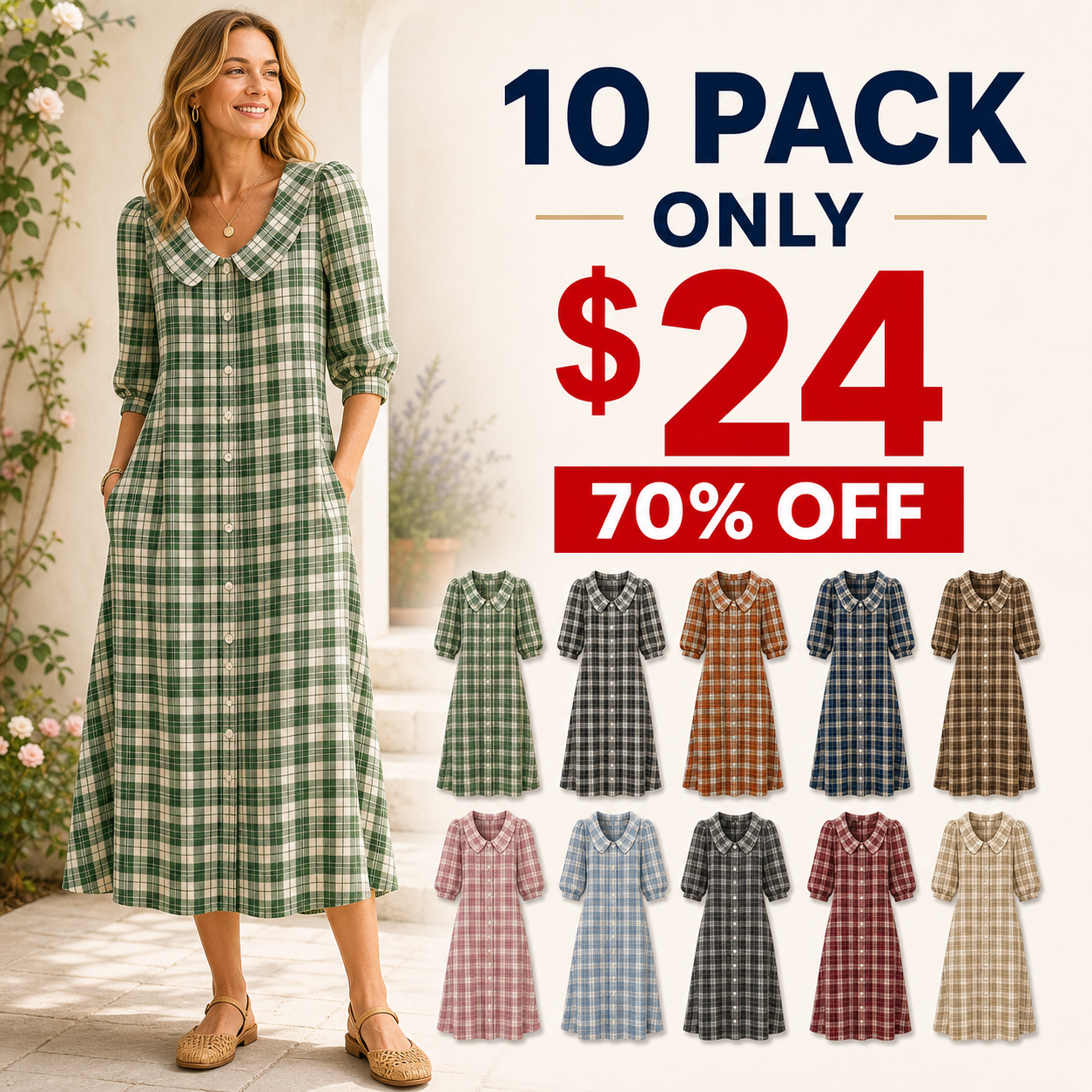 10 pack only 24 dollars women's plaid button-front midi dress