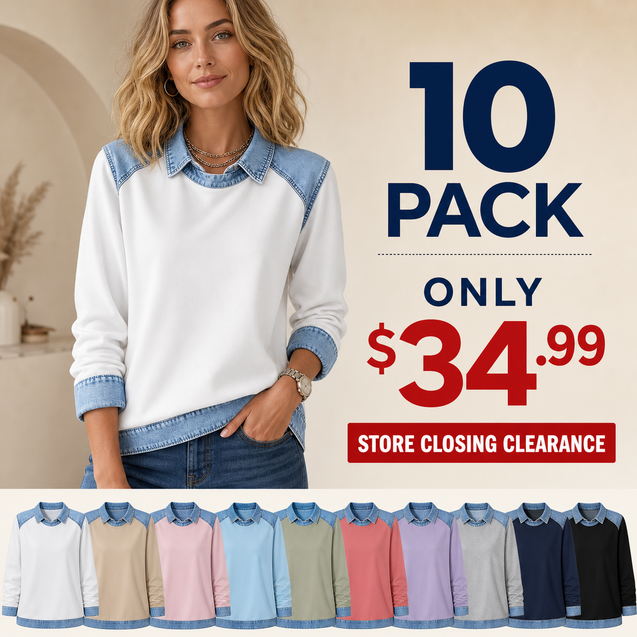 Store Closing Clearance⚡10 Pack for $34.99⚡Women's Denim-Trim Pullover Top