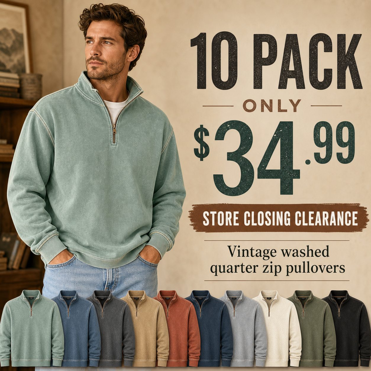 ⏰Store Closing Clearance⚡10 Pack for $34.99⚡Men's Vintage Washed Quarter Zip Pullover Value Packs