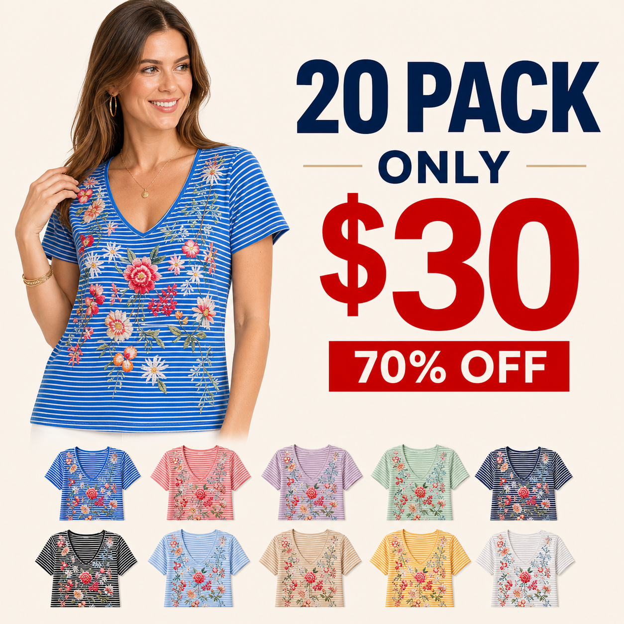 20 pack only 30 dollars women's striped floral V-neck top