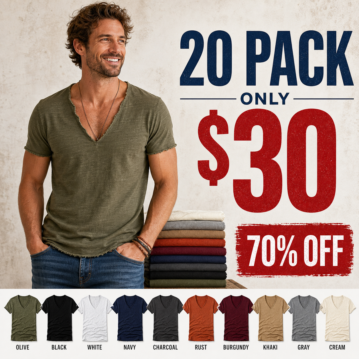 20 pack only 30 dollars men's distressed raw-edge V-neck tee