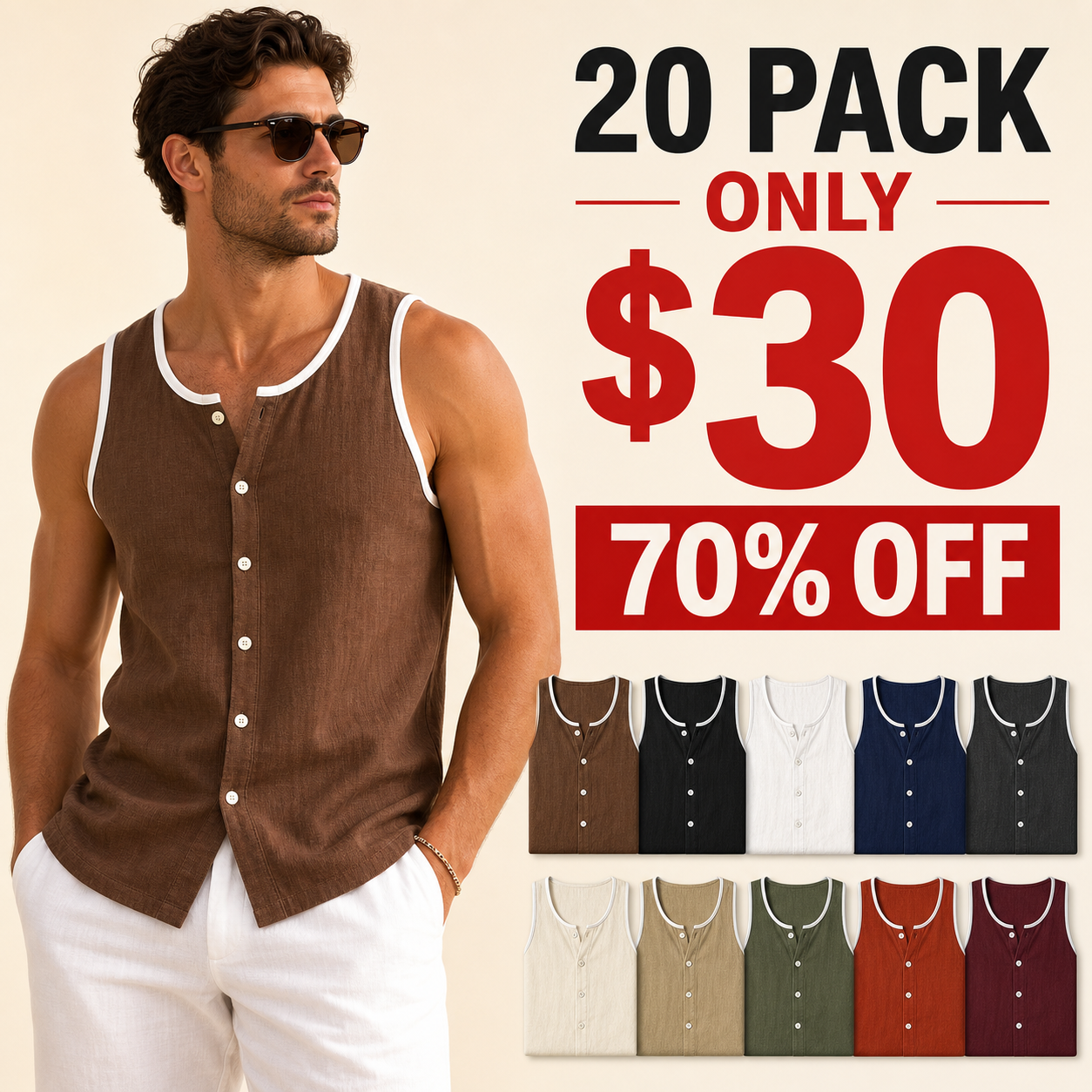 20 pack only 30 dollars men's sleeveless button tank top