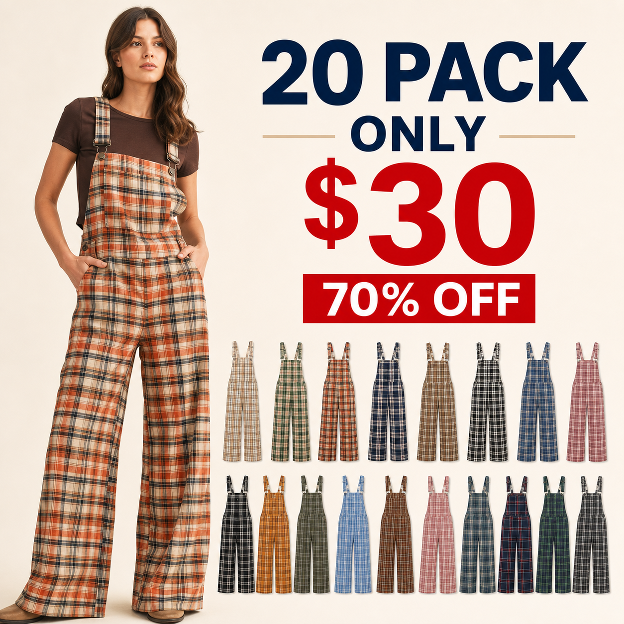 20 pack only 30 dollars women's plaid wide-leg overall jumpsuit