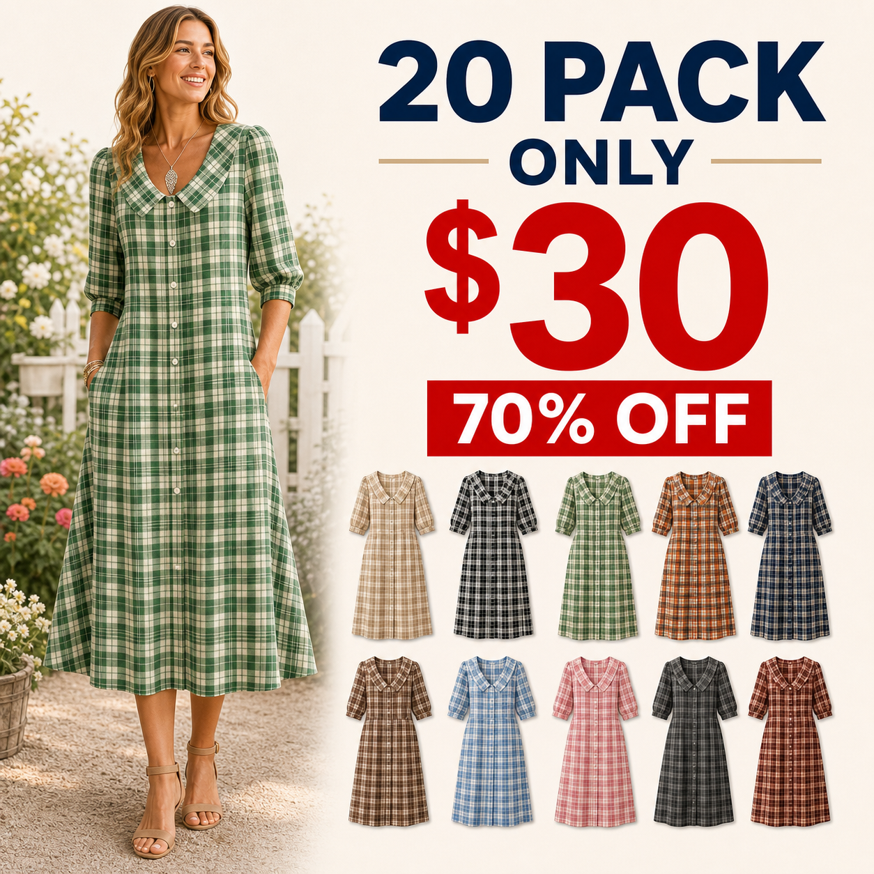 20 pack only 30 dollars women's plaid button-front midi dress