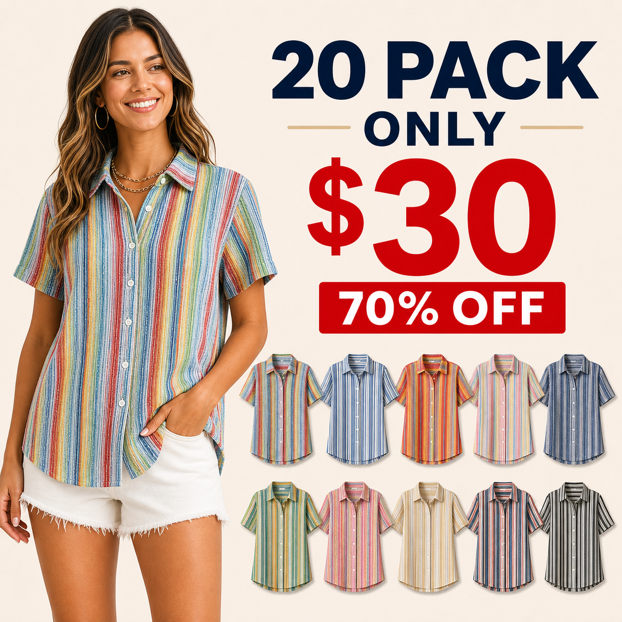 20 pack only 30 dollars women's rainbow stripe button-up shirt
