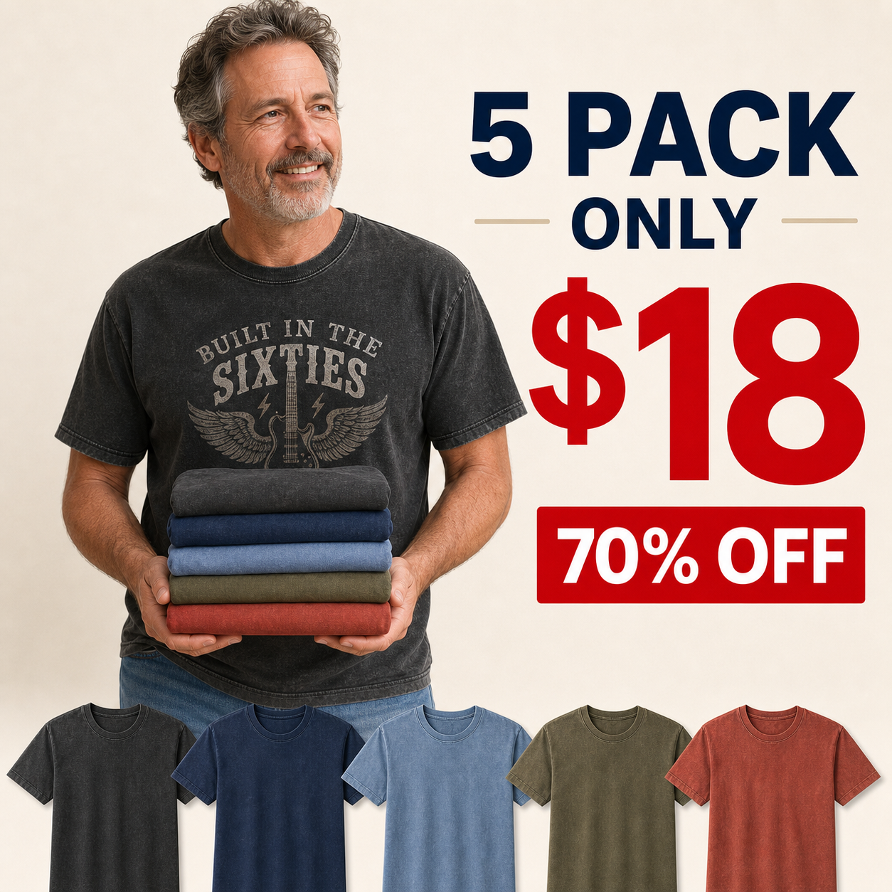 5 pack only 18 dollars men's vintage washed graphic tee