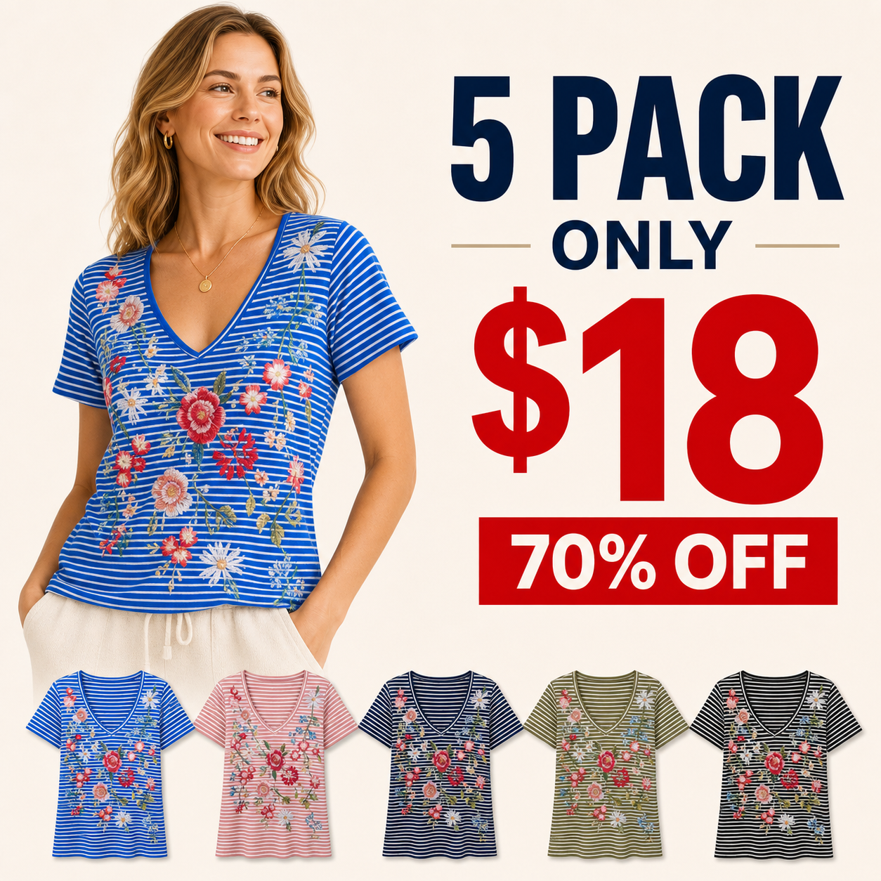 5 pack only 18 dollars women's striped floral V-neck top