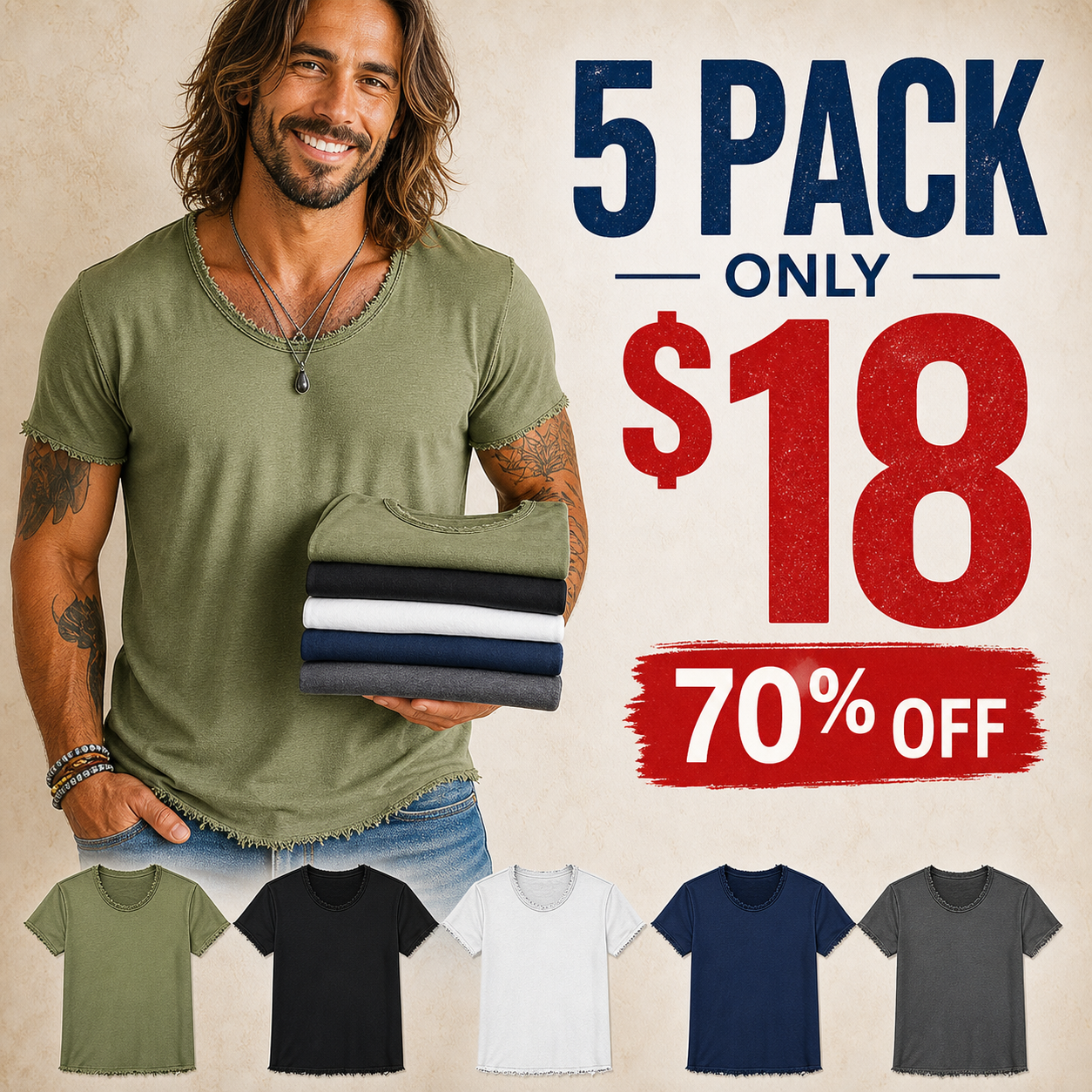 5 pack only 18 dollars men's distressed raw-edge V-neck tee
