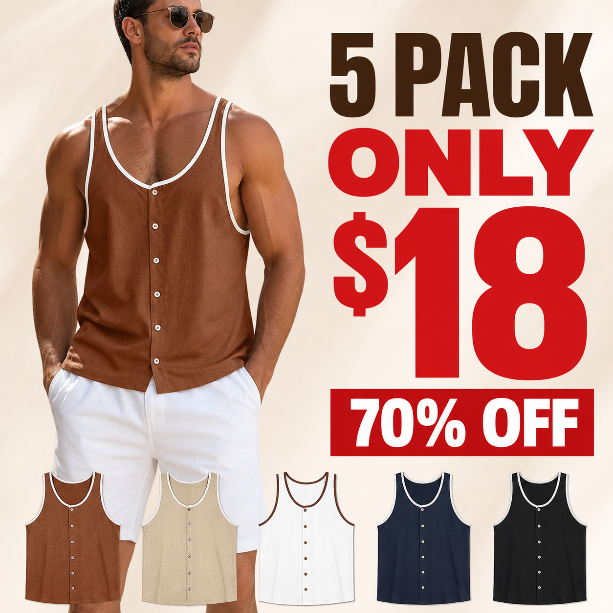 5 pack only 18 dollars men's sleeveless button tank top