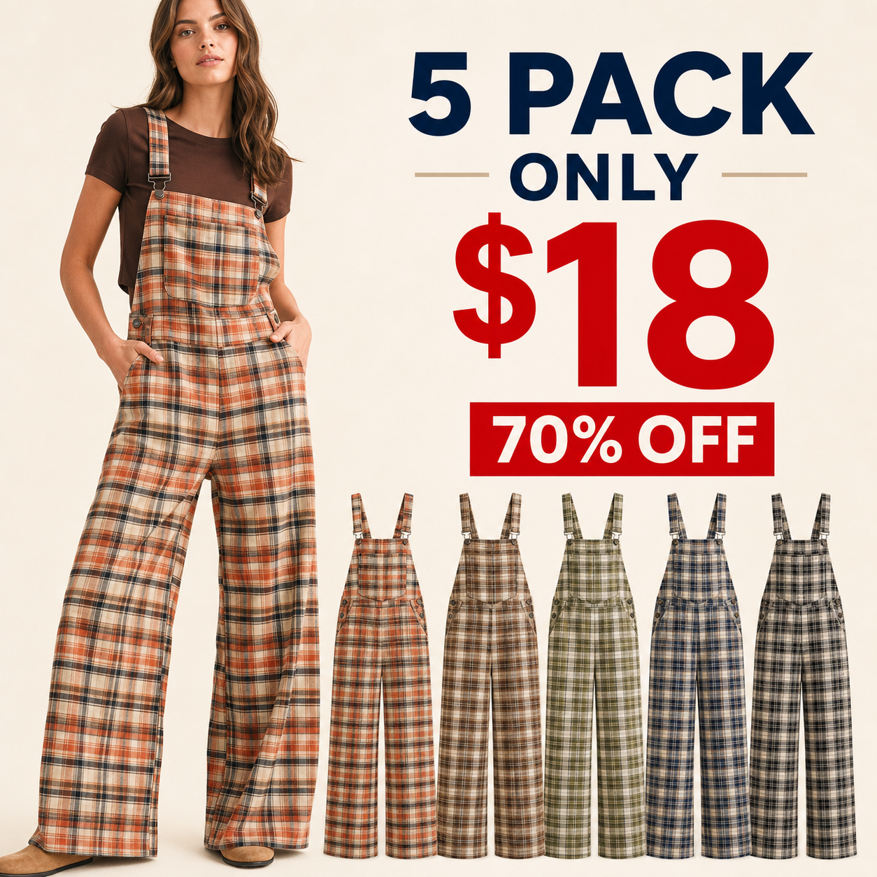 5 pack only 18 dollars women's plaid wide-leg overall jumpsuit