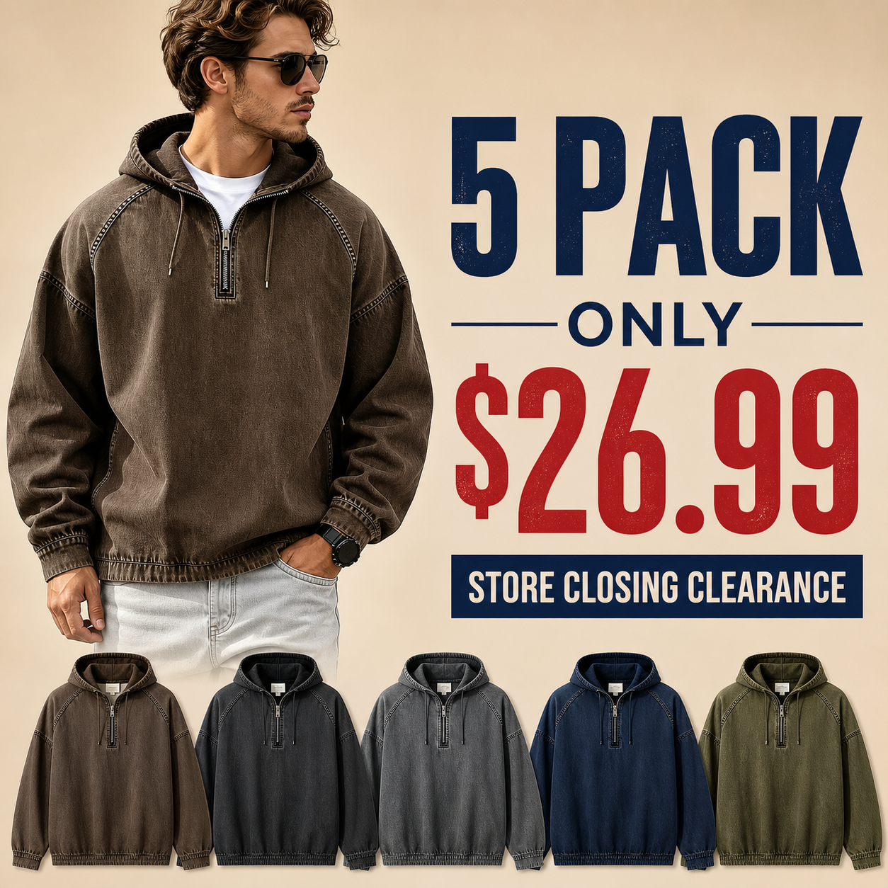 Store Closing Clearance⚡10 Pack for $34.99⚡Men's Washed Hooded Half-Zip Pullover