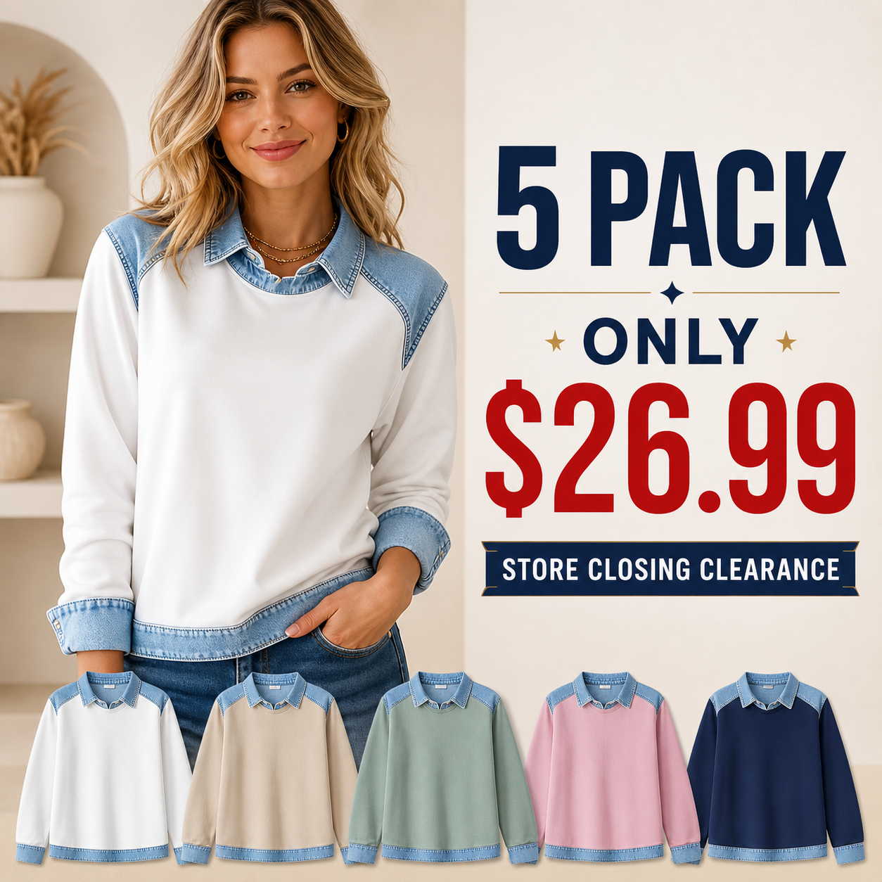 Store Closing Clearance⚡10 Pack for $34.99⚡Women's Denim-Trim Pullover Top