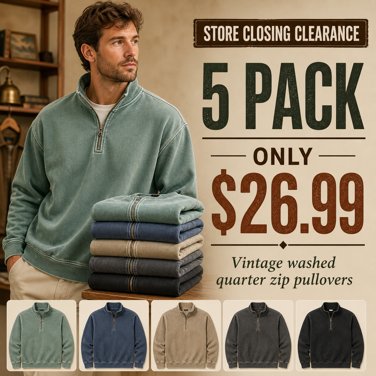 ⏰Store Closing Clearance⚡10 Pack for $34.99⚡Men's Vintage Washed Quarter Zip Pullover Value Packs
