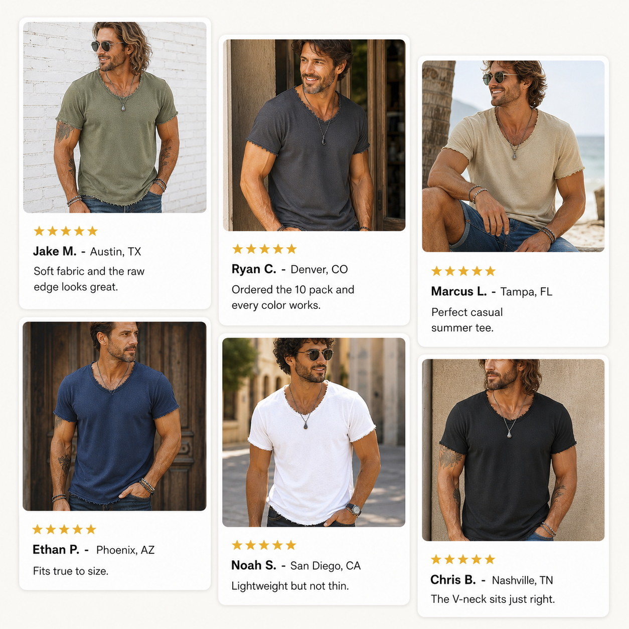 Customer review waterfall men's distressed raw-edge V-neck tee