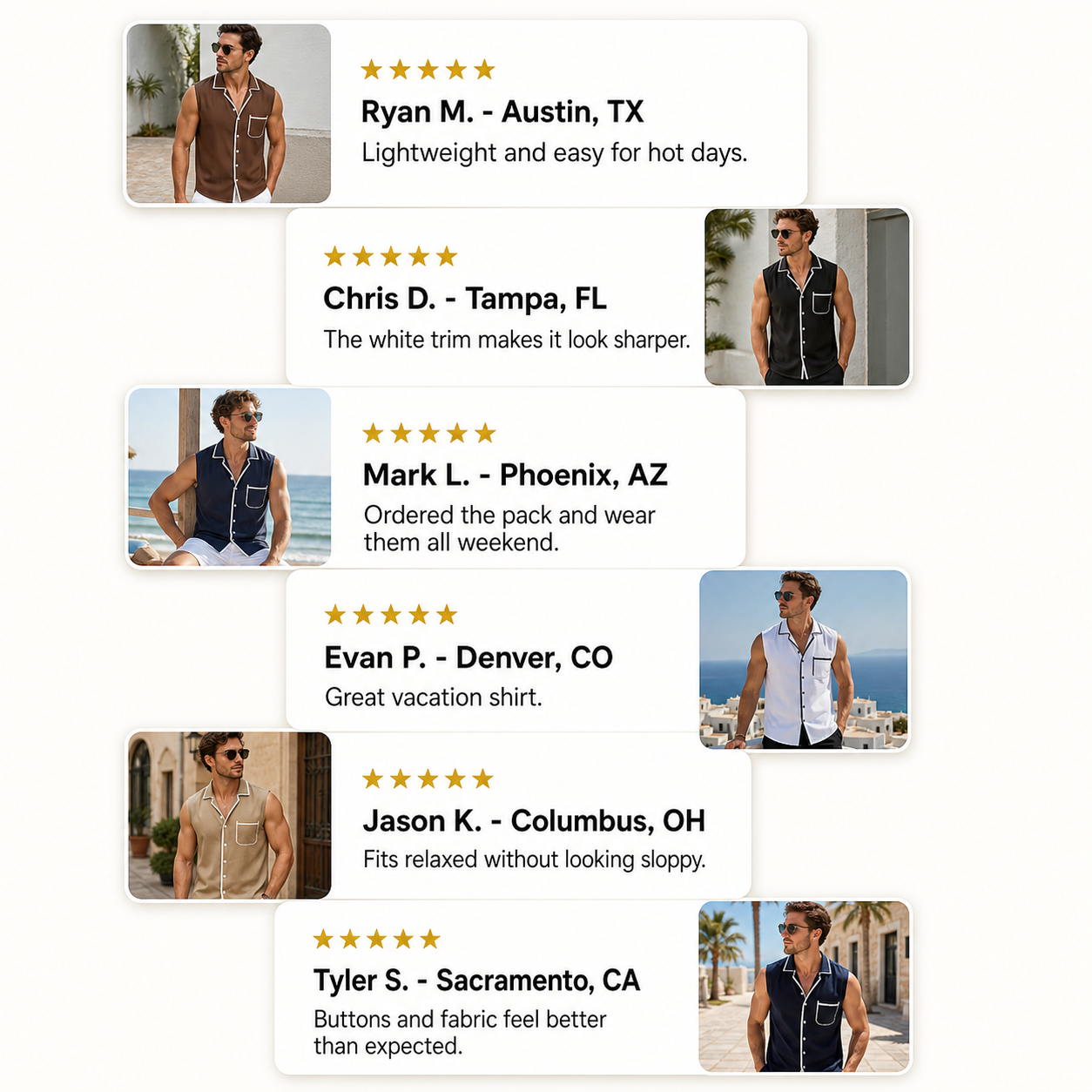 Customer review snapshot men's sleeveless button tank top