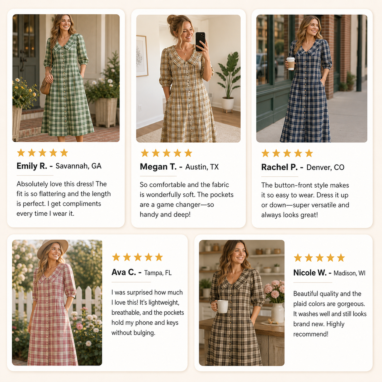 Customer review waterfall women's plaid button-front midi dress