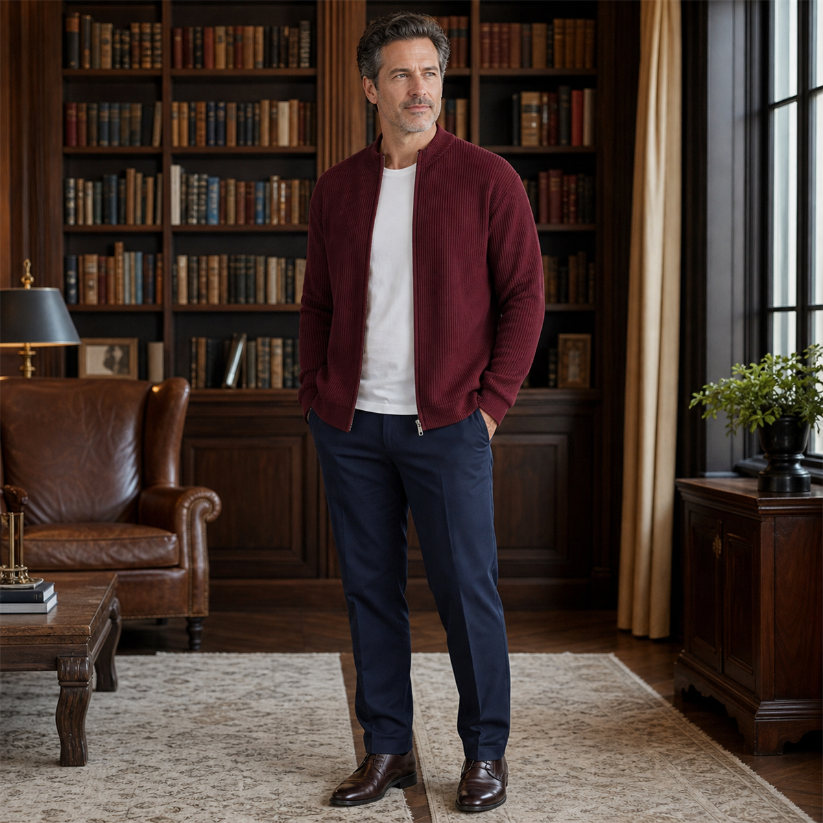 Men's Ribbed Full-Zip Stand-Collar Cardigan