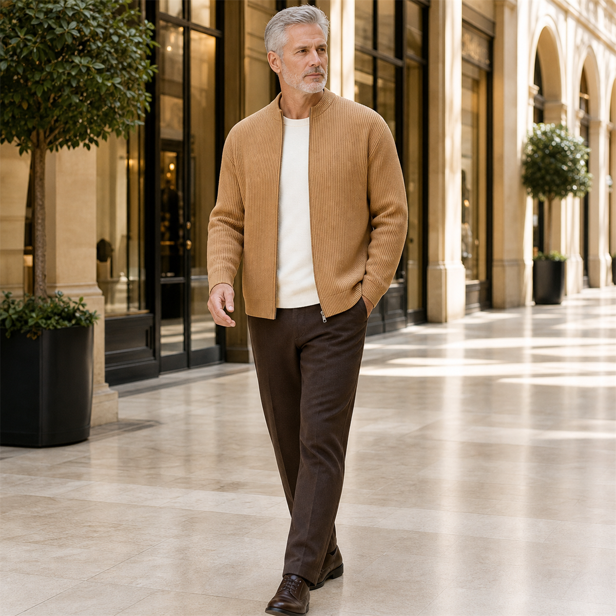 Men's Ribbed Full-Zip Stand-Collar Cardigan