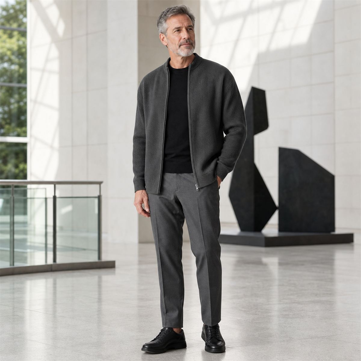 Men's Ribbed Full-Zip Stand-Collar Cardigan