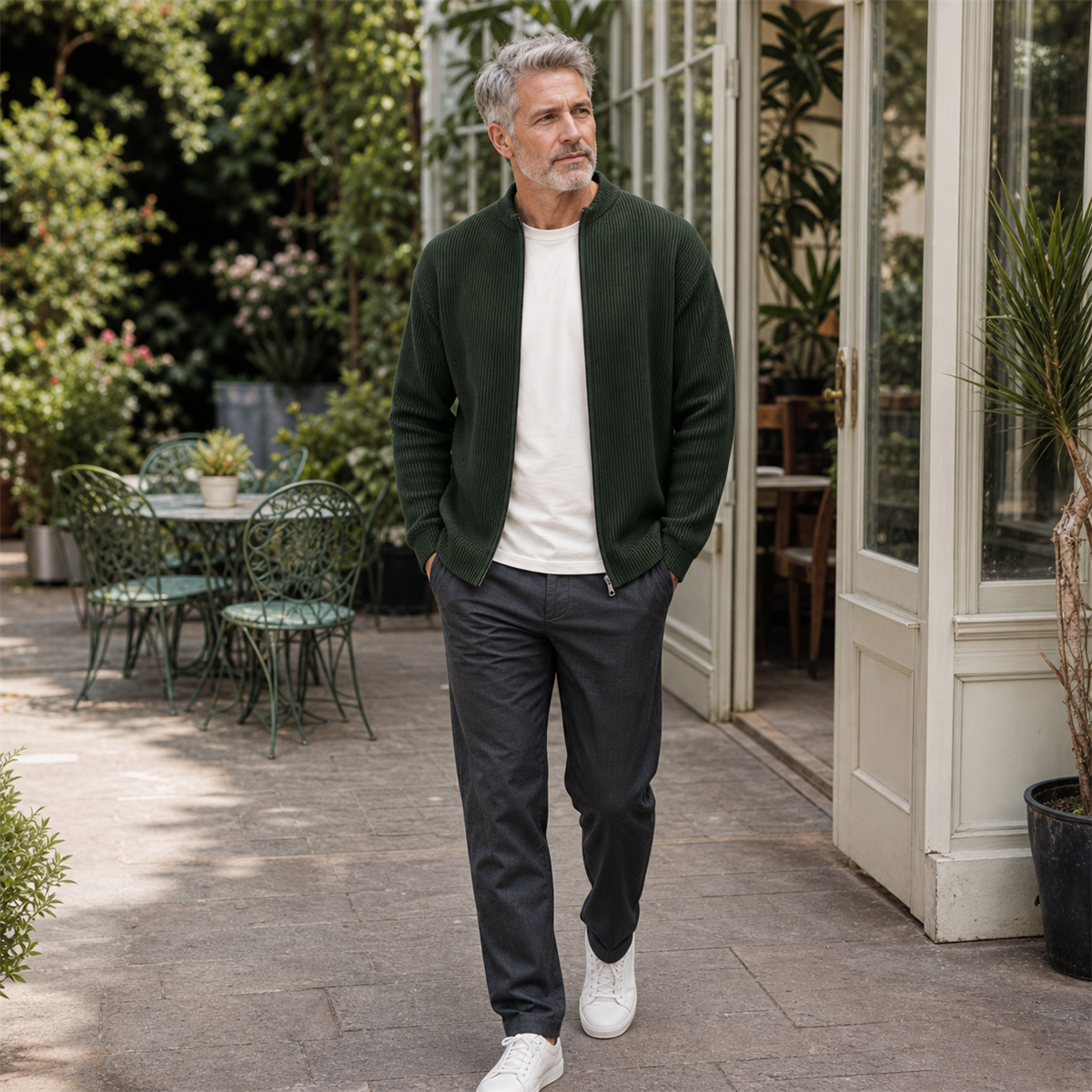 Men's Ribbed Full-Zip Stand-Collar Cardigan