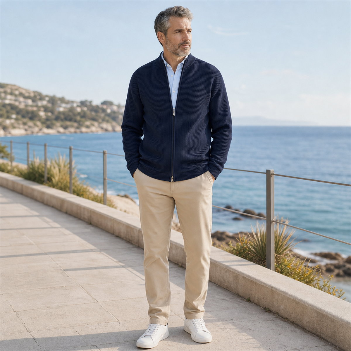 Men's Ribbed Full-Zip Stand-Collar Cardigan