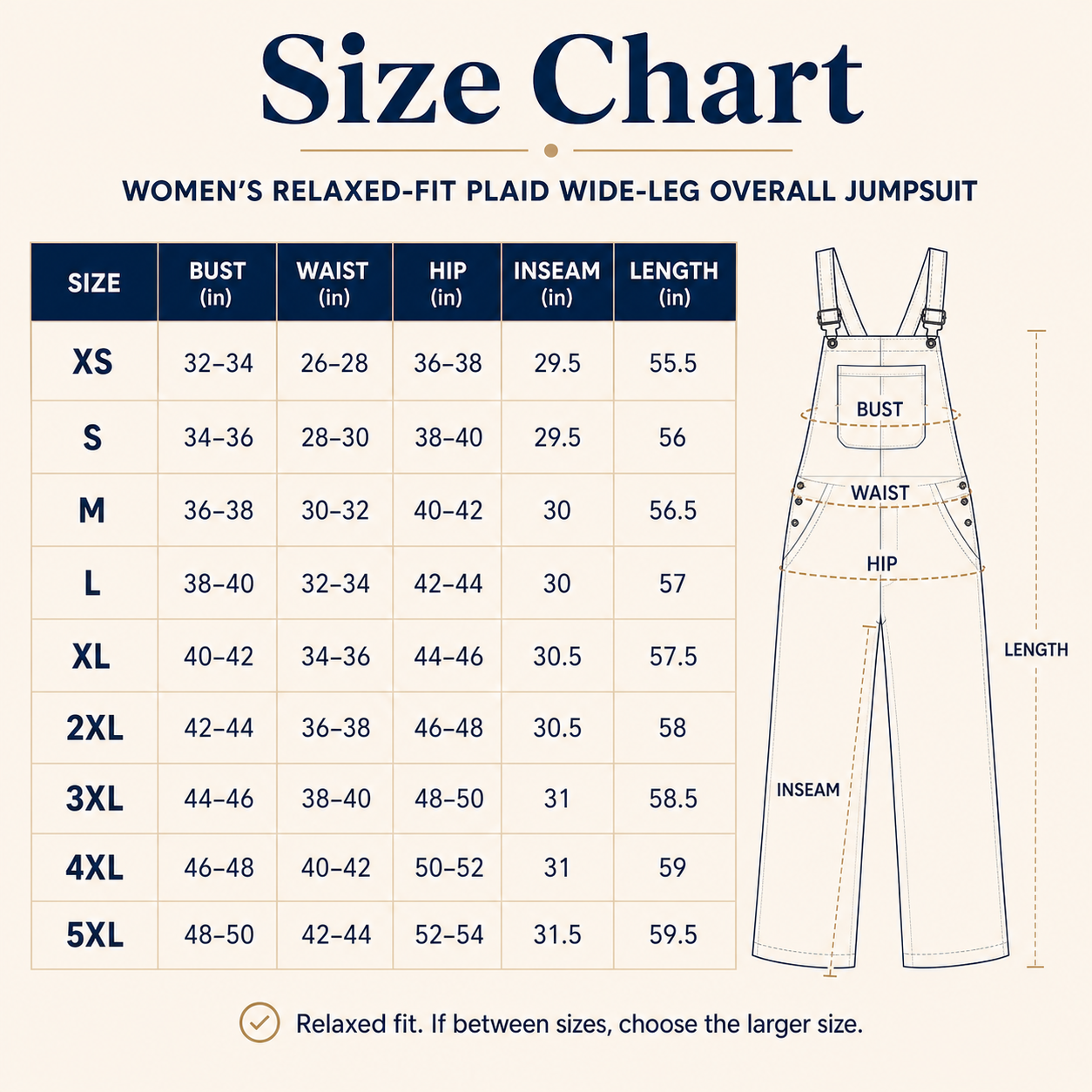 Women's plaid wide-leg overall jumpsuit size chart