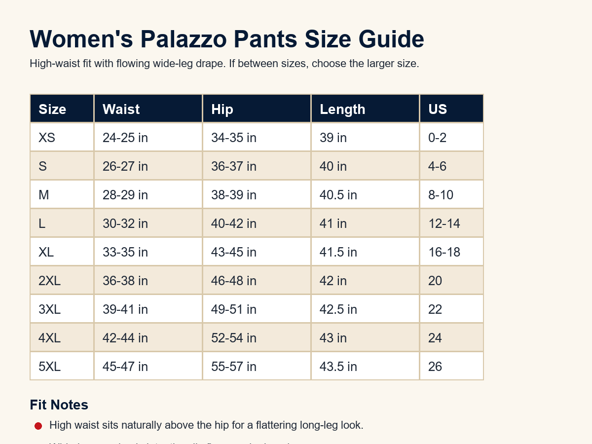 Women's high waist wide leg palazzo pants size chart