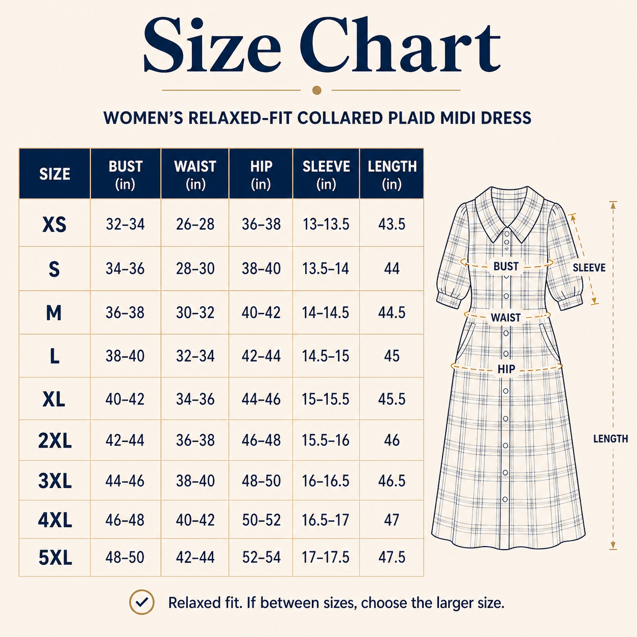 Women's plaid button-front midi dress size chart