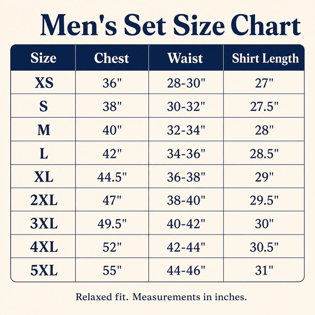 Men's ribbed shirt and shorts set size chart