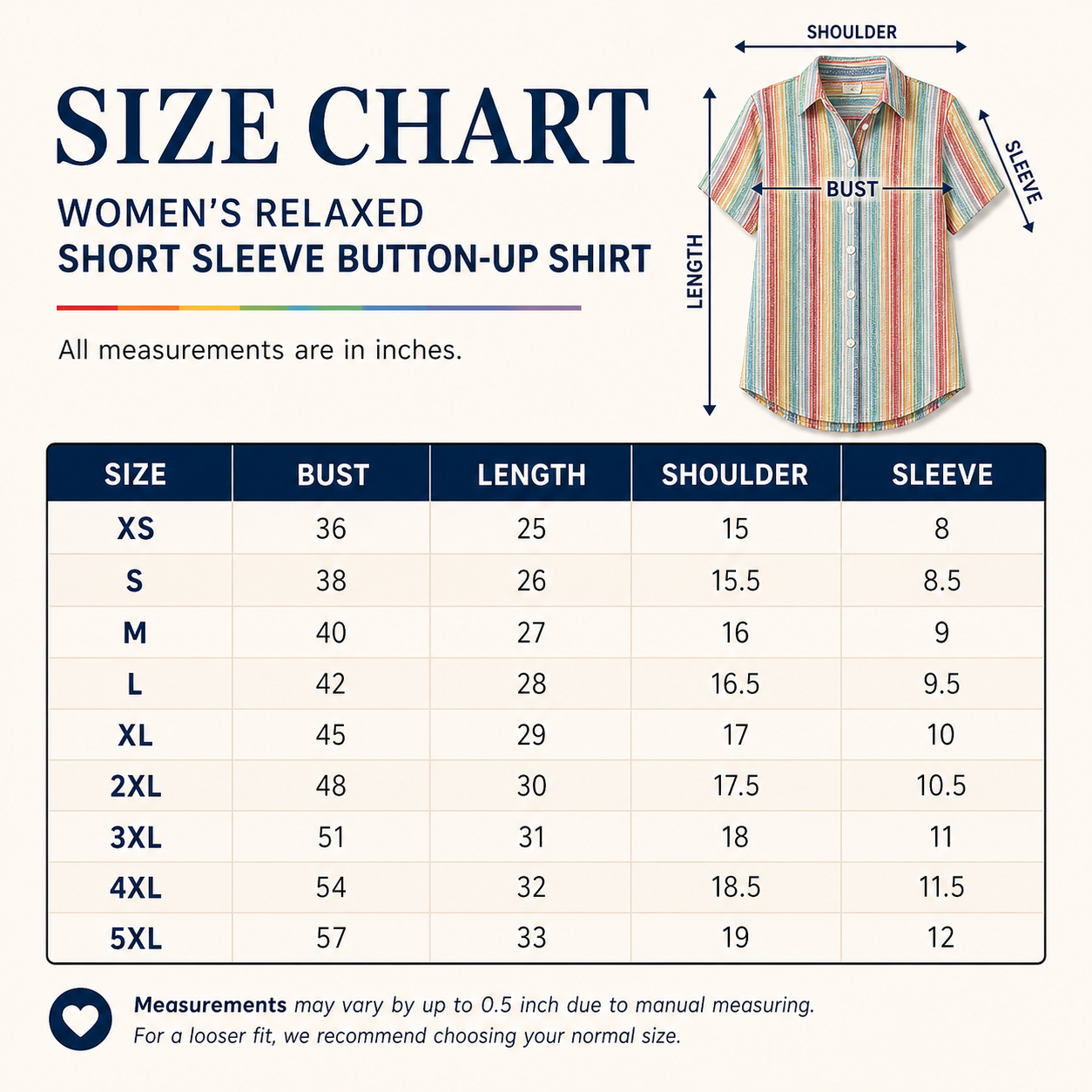 Women's stripe button-up shirt size chart