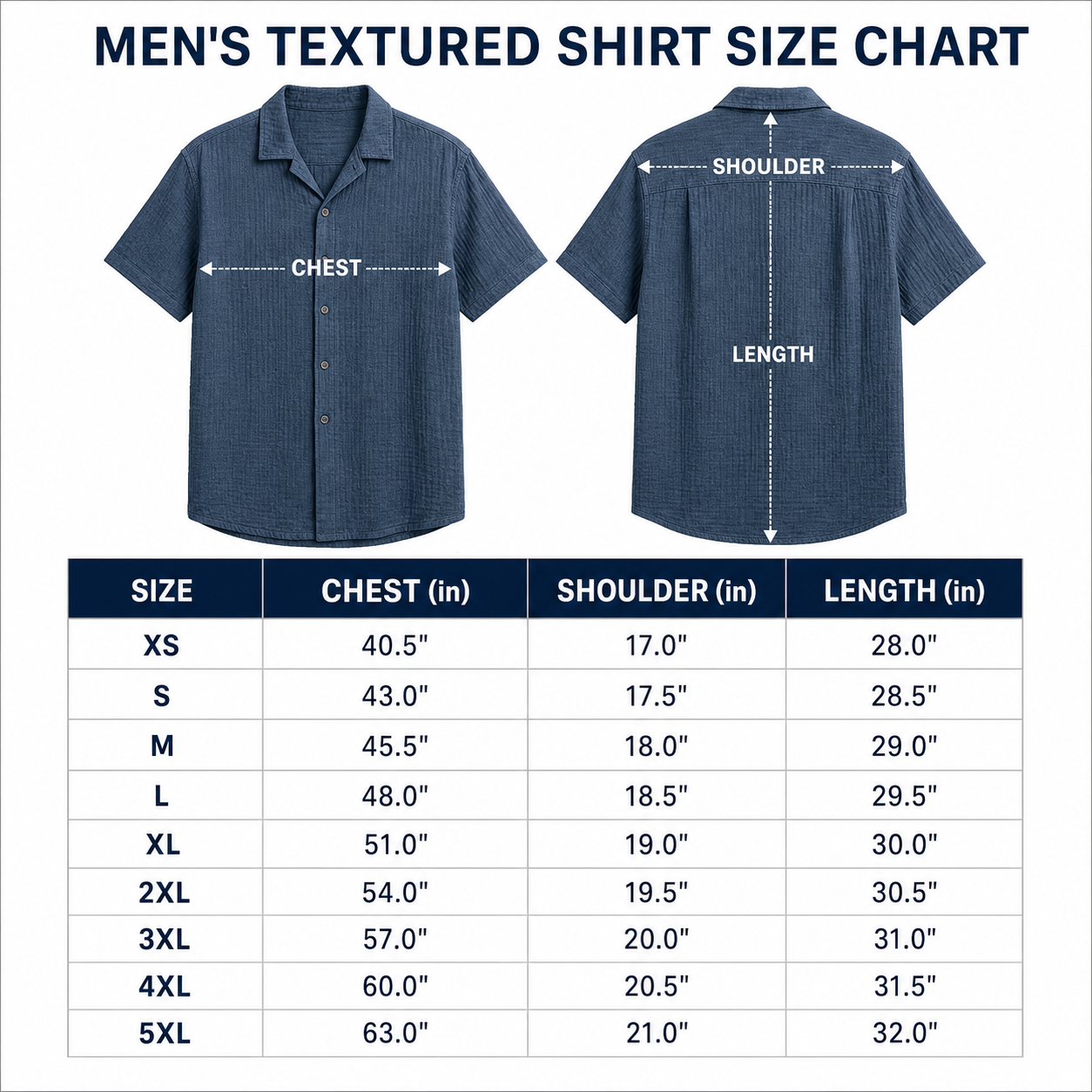 Men's textured knit short sleeve shirt size chart