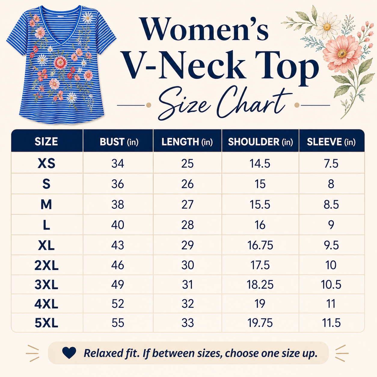 Women's V-neck top size chart