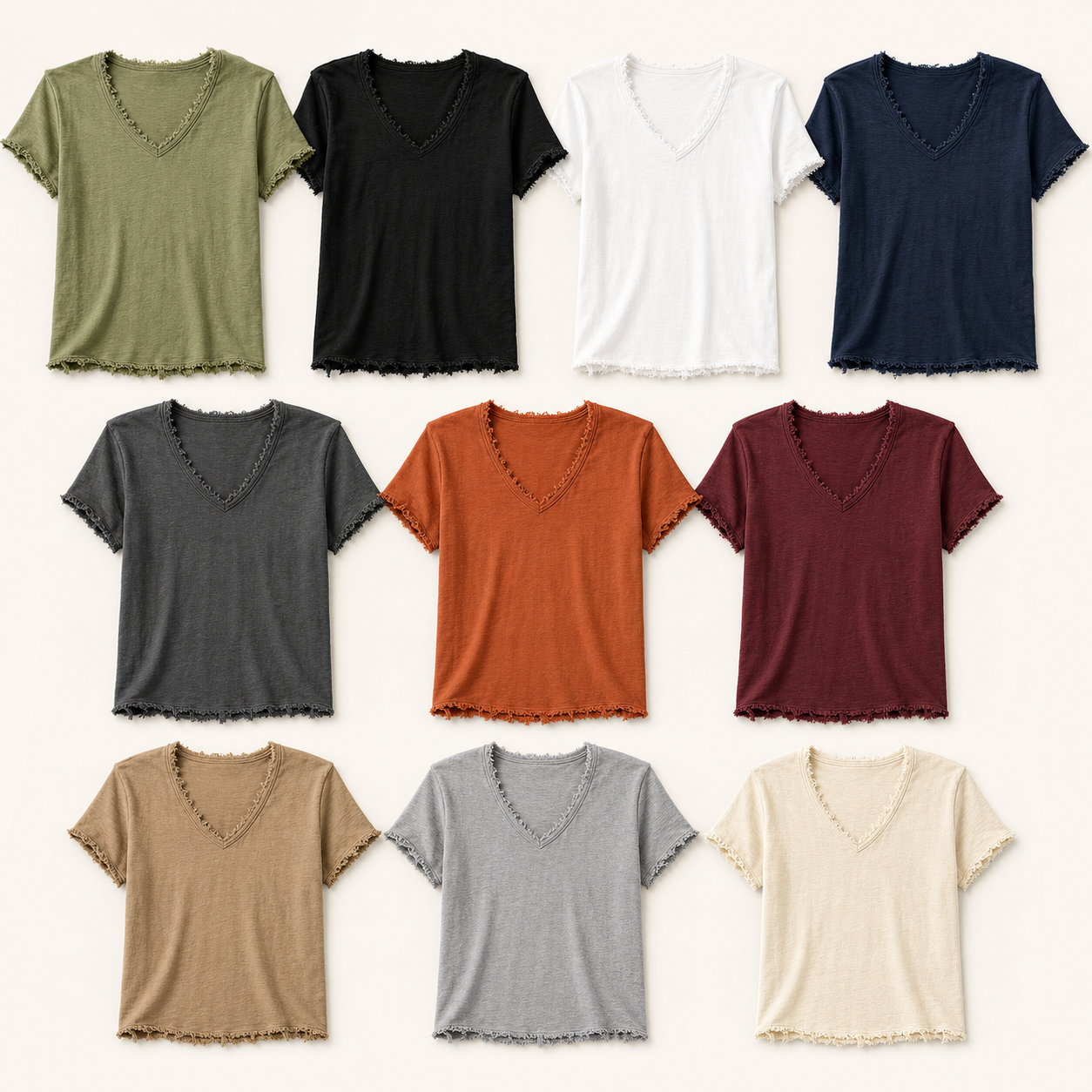 10 colors men's distressed raw-edge V-neck tee lineup