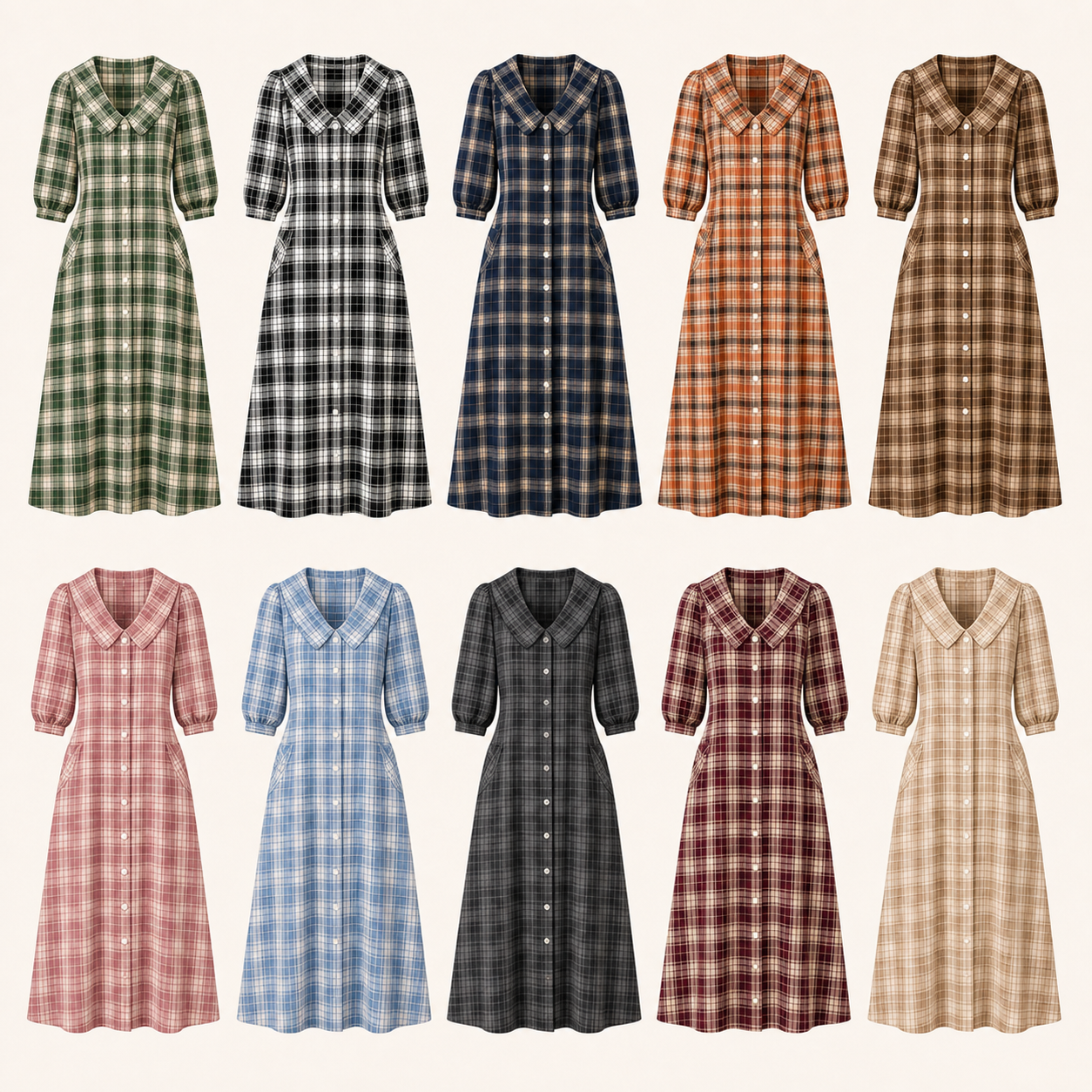 Ten plaid pattern lineup women's button-front midi dresses