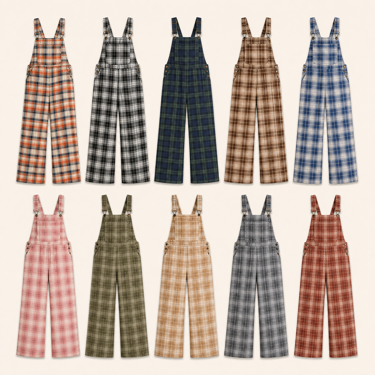 Ten plaid pattern lineup women's overall jumpsuits