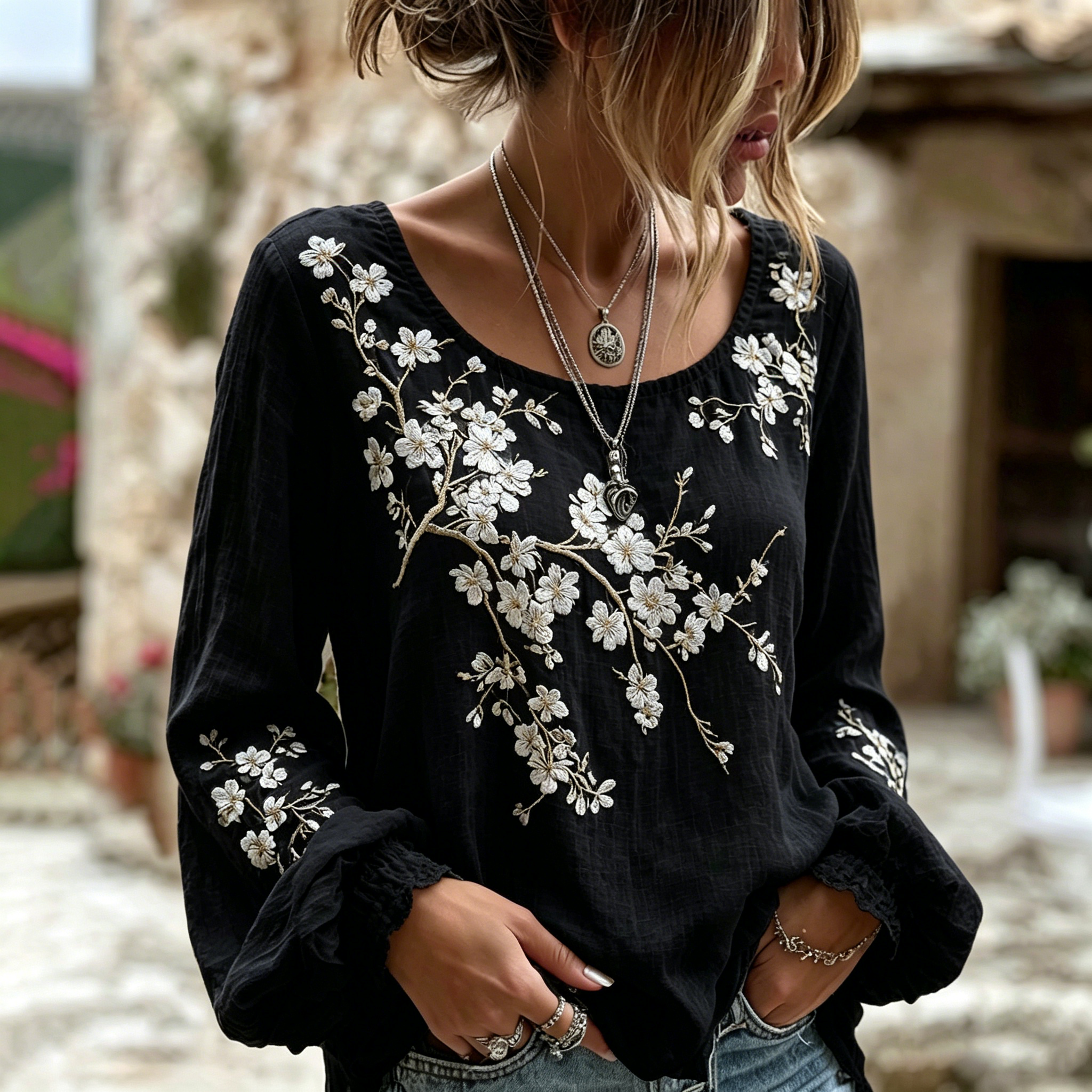 Women's Sakura Print Crew Neck Linen Blend T-shirt