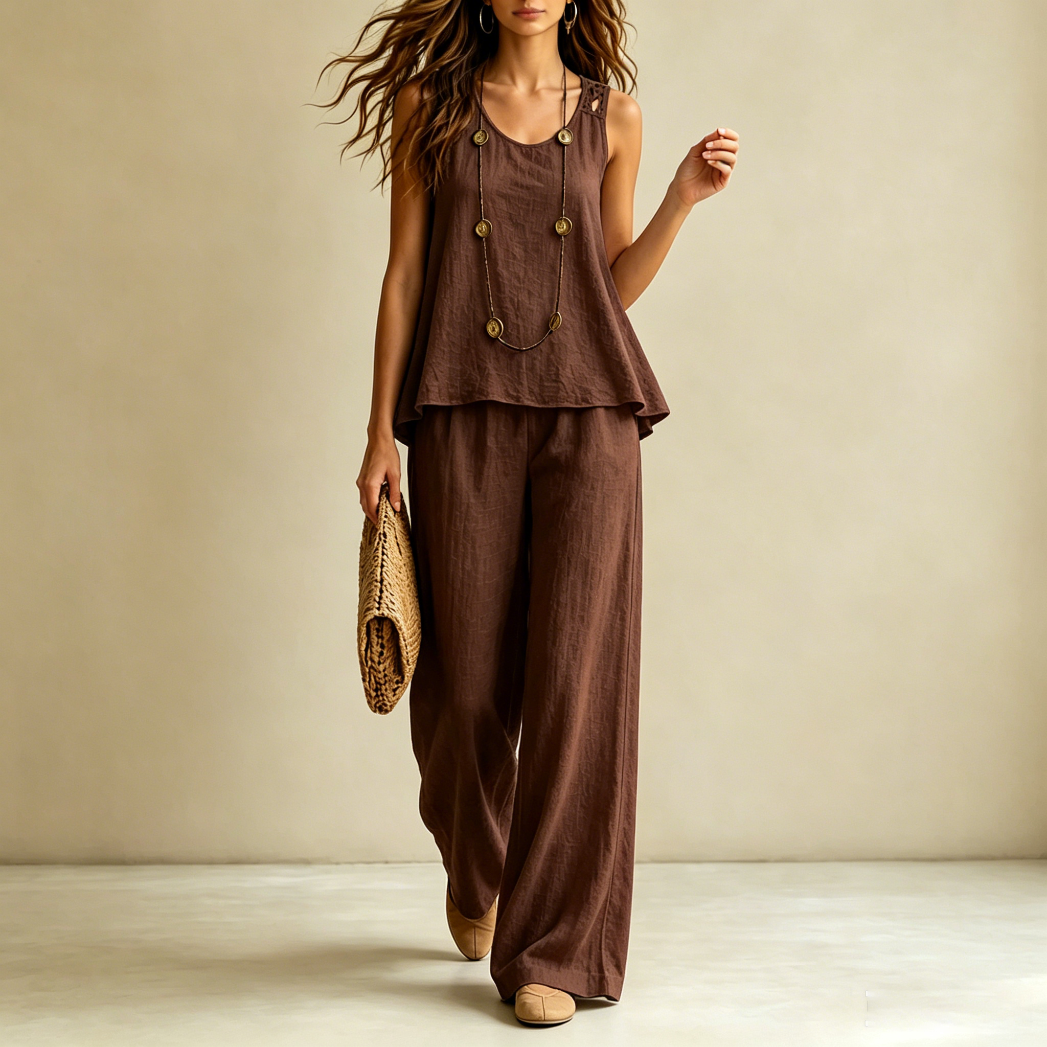Vacation Solid Color Backless Floral Vest And Trousers Two-piece Set